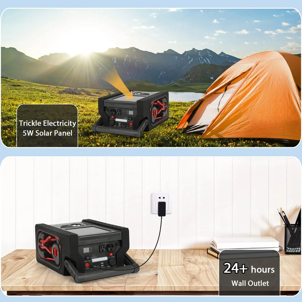 Solar Portable Power Station 2000 Amps Jump Starter, 260 PSI Air Compressor, 12V Car Battery Charger with 400W Inverter Dual AC/DC/USB Output, Emergency Backup Power with Flashlights