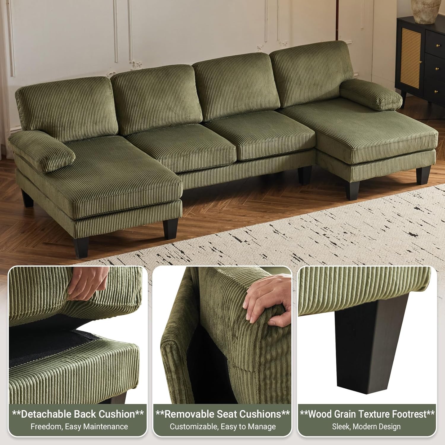 VINGLI 110" Sectional Couches for Living Room,U Shaped Couch with Double Chaise, 4-Seat Sofa Set with Chenille Fabric for Home Furniture,Beige