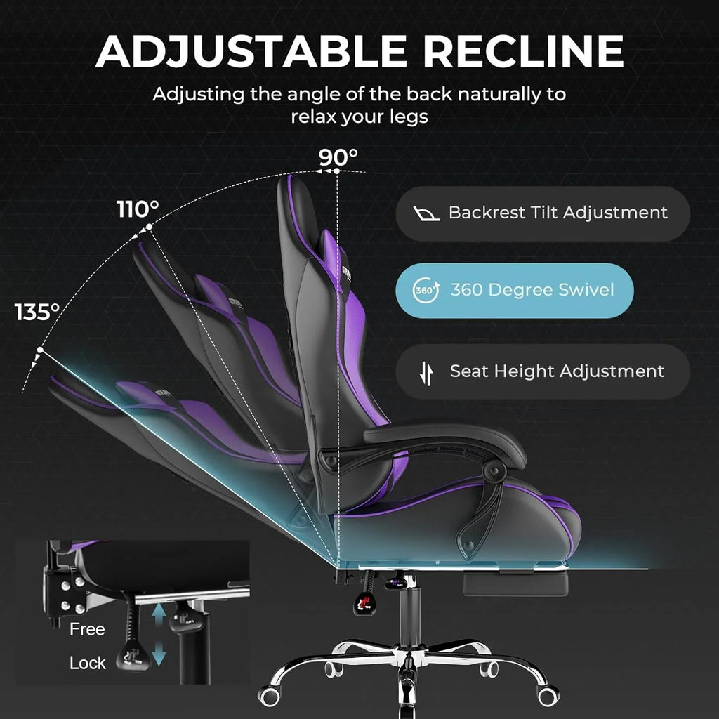 GTPLAYER Gaming Chair with Footrest and Lumbar Support �� Ergonomic Computer Chair with Headrest, 360掳 Swivel, Height Adjustable, White