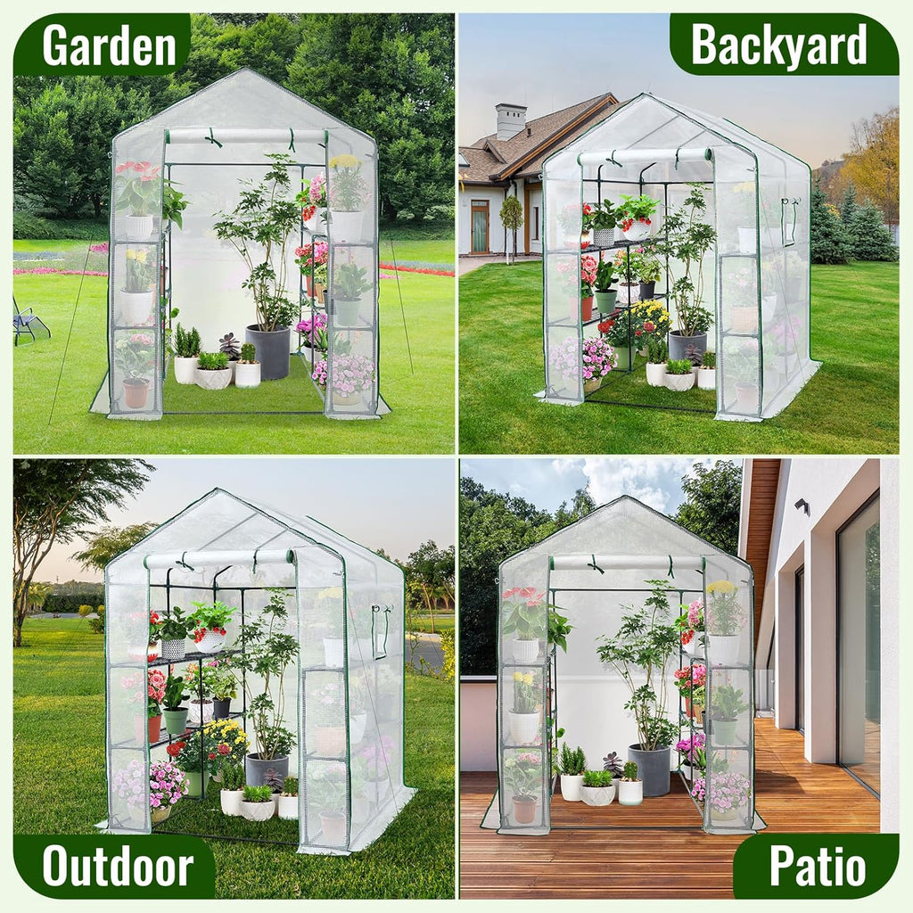 Greenhouse, 57 x 85 x 76'' Greenhouses for Outdoors, Portable Greenhouse Kit with Mesh Side Windows, PE Cover, 8 Shelves, Heavy Duty Walk in Green House for Backyard Garden Indoor Outside