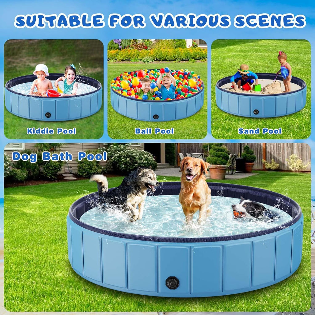 Foldable Dog Swimming Pool, 120"x20" Oversize Collapsable Hard Plastic Potable Bathing Tub for Pet Dog Kiddie Pool Indoor and Outdoor Leakproof PVC Play Pool for Large Dogs Pets Puppy Kids Blue