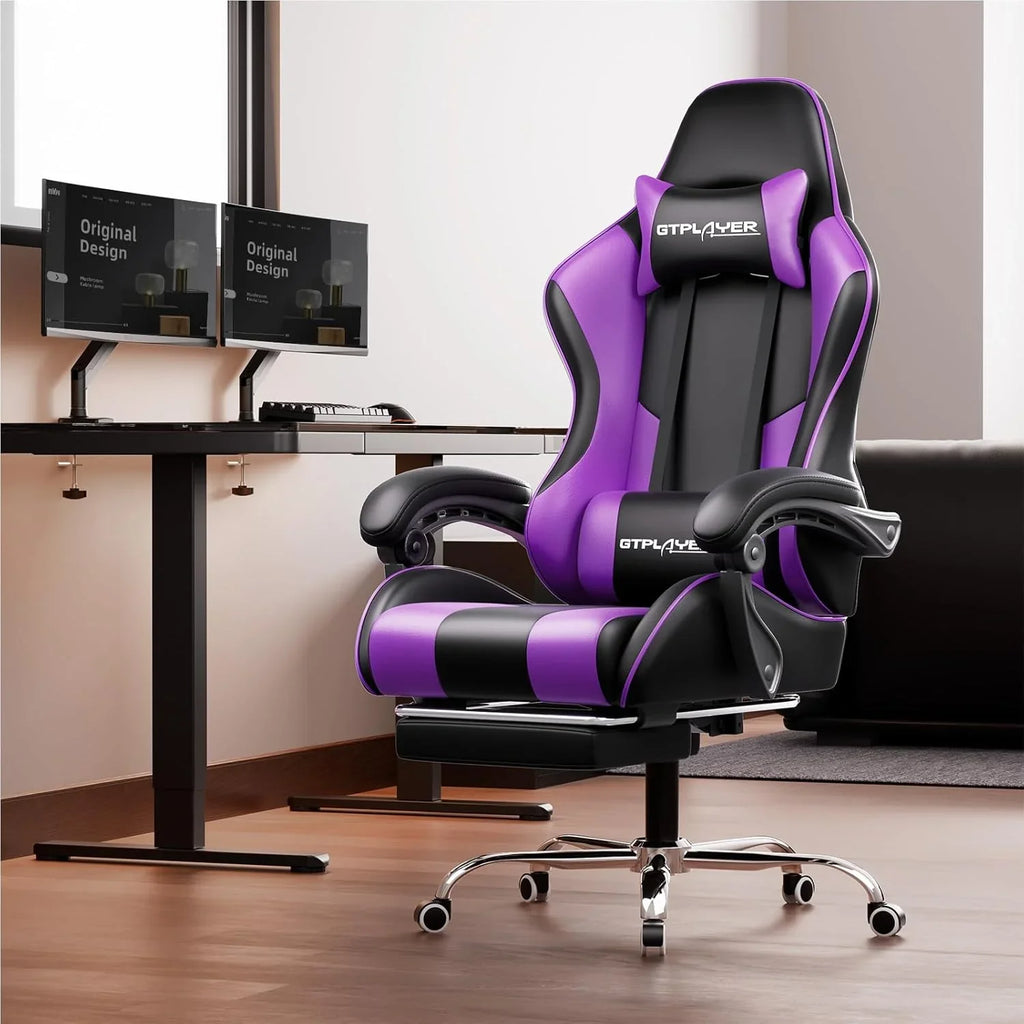 GTPLAYER Gaming Chair with Footrest and Lumbar Support �� Ergonomic Computer Chair with Headrest, 360掳 Swivel, Height Adjustable, White