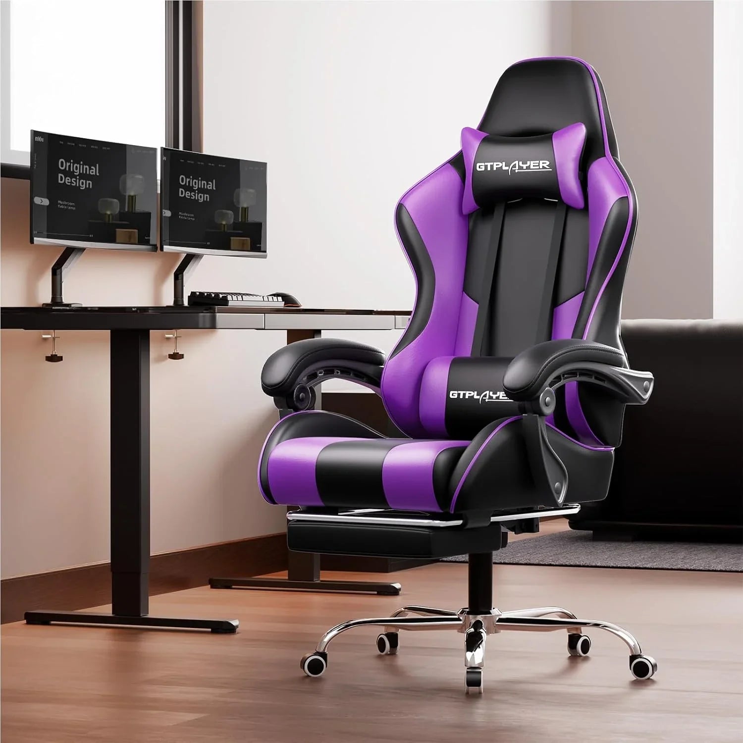 GTPLAYER Gaming Chair with Footrest and Lumbar Support �� Ergonomic Computer Chair with Headrest, 360掳 Swivel, Height Adjustable, White