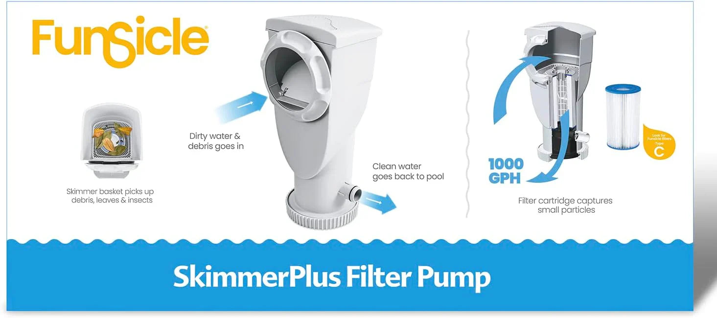 Funsicle SkimmerPlus 1500 Gallons Per Hour 2 in 1 Filter Pump and Skimmer System with Clamps and 1.5 Inch Hose Fitting for Above Ground Swimming Pools
