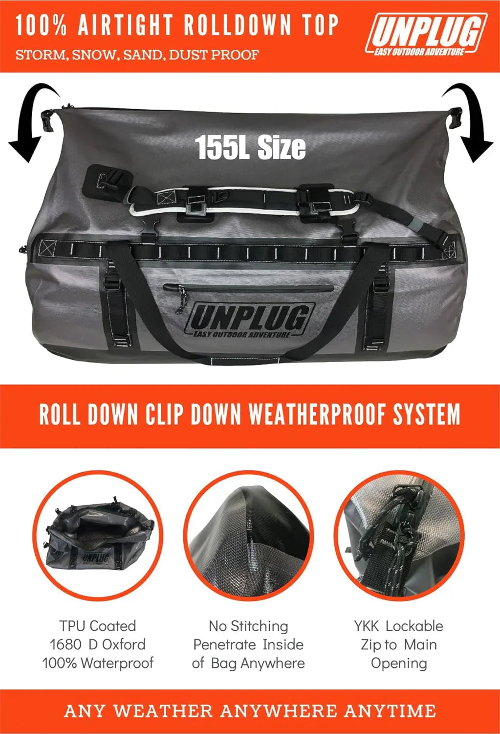 UNPLUG Ultimate Adventure Bag -1680D Heavy Duty Waterproof Travel Duffel Bags for Camping, Motorcycle Dry Bag, Waterproof Bags for Boating, Waterproof Duffle Backpack,Tactical Duffle Bag