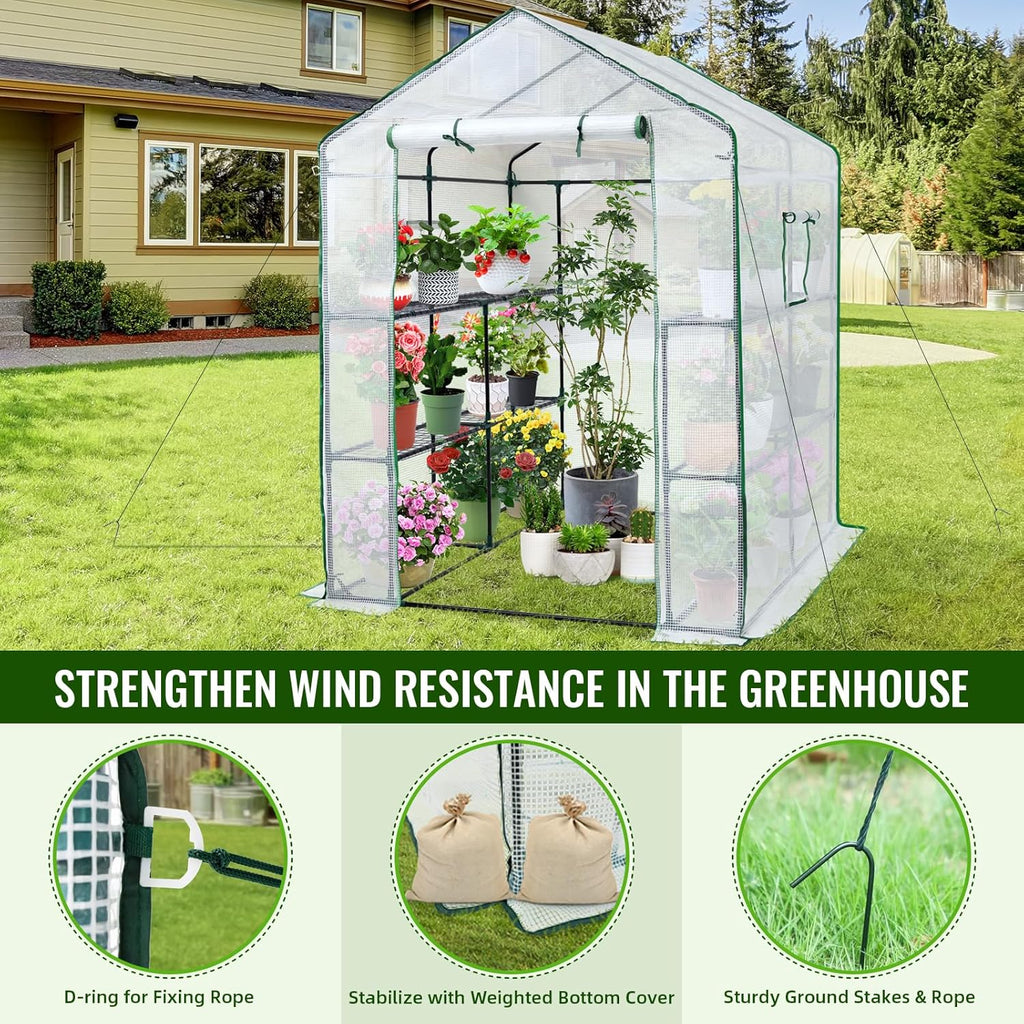 Greenhouse, 57 x 85 x 76'' Greenhouses for Outdoors, Portable Greenhouse Kit with Mesh Side Windows, PE Cover, 8 Shelves, Heavy Duty Walk in Green House for Backyard Garden Indoor Outside