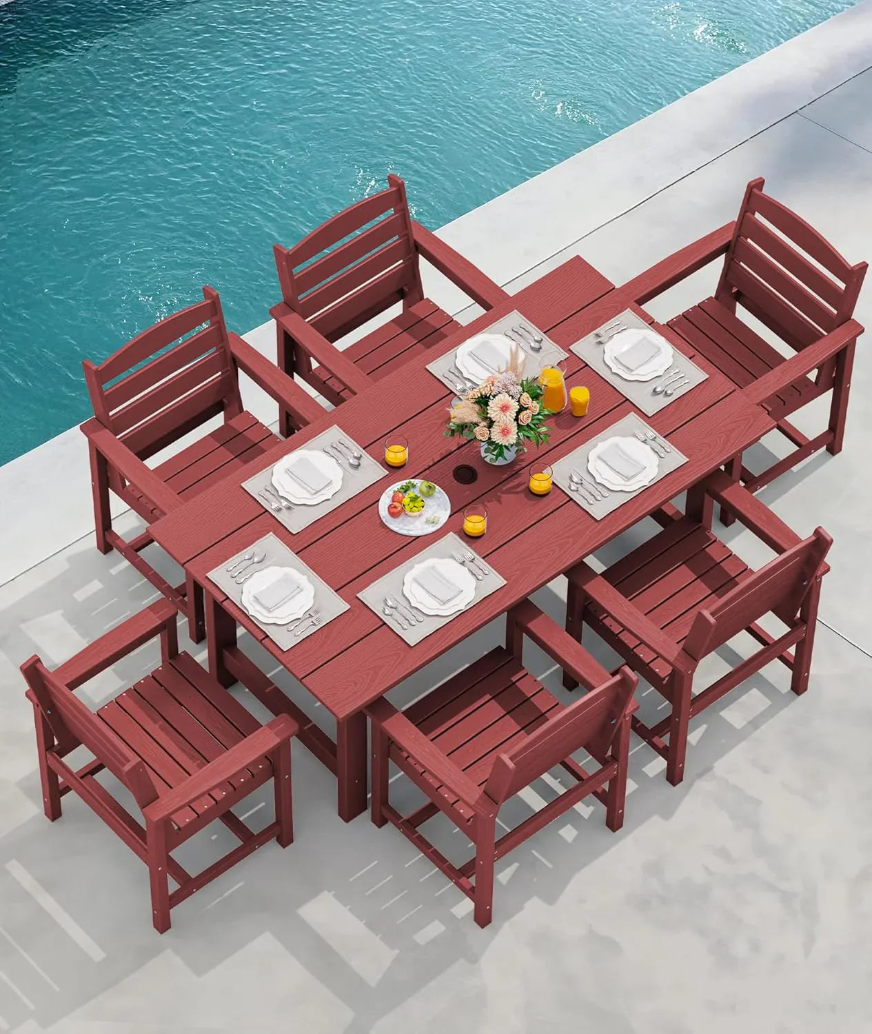 SERWALL 7-Piece Patio Table Set, Outdoor HDPE Dining Furniture with Umbrella Hole, All Weather Table and Chairs for Lawn, Garden, Poolside, Aruba