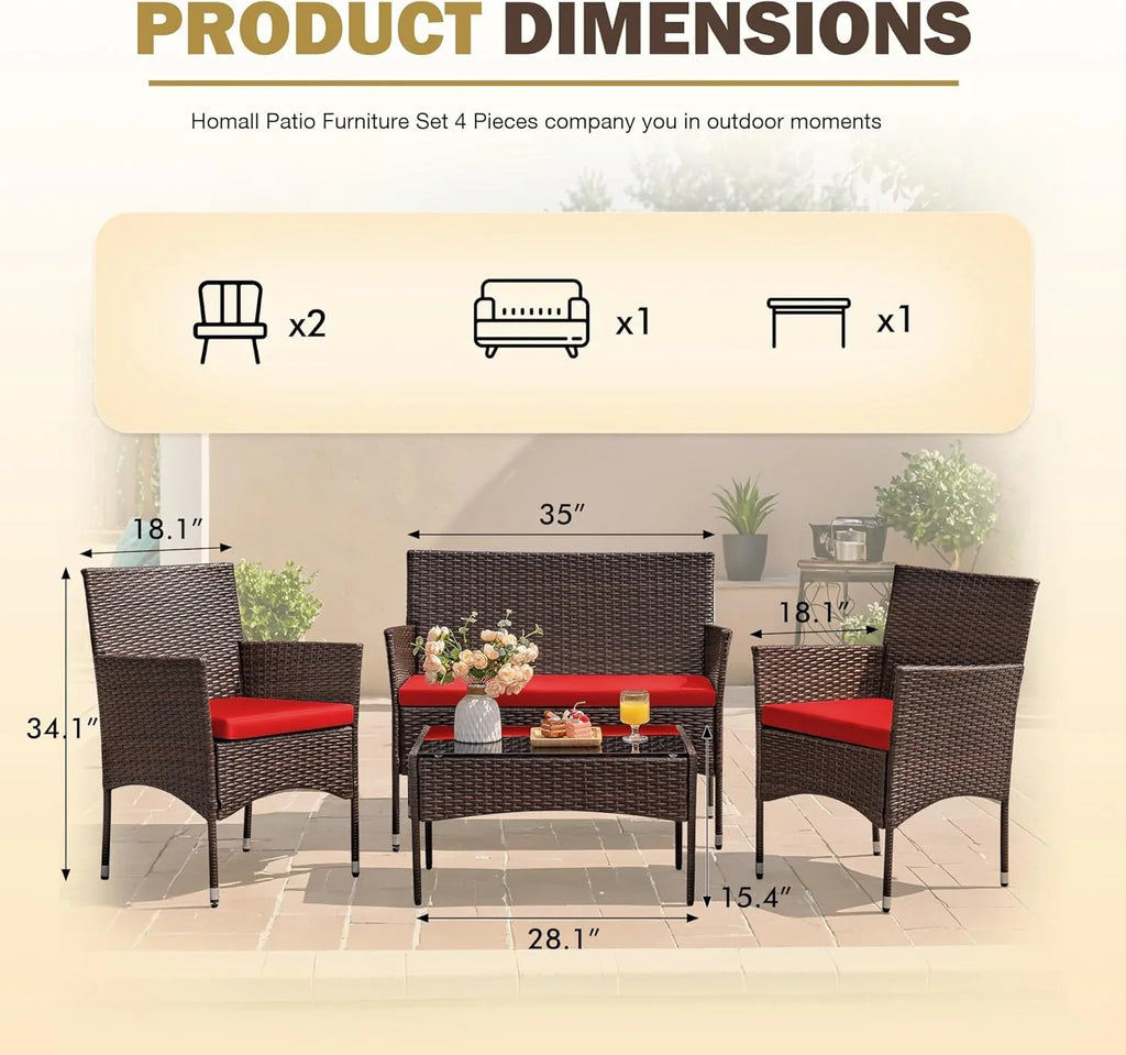 Homall 4 Pieces Outdoor Patio Furniture Sets Rattan Chair Wicker Set, Outdoor Indoor Use Backyard Porch Garden Poolside Balcony Furniture Sets Clearance (Brown and Beige)