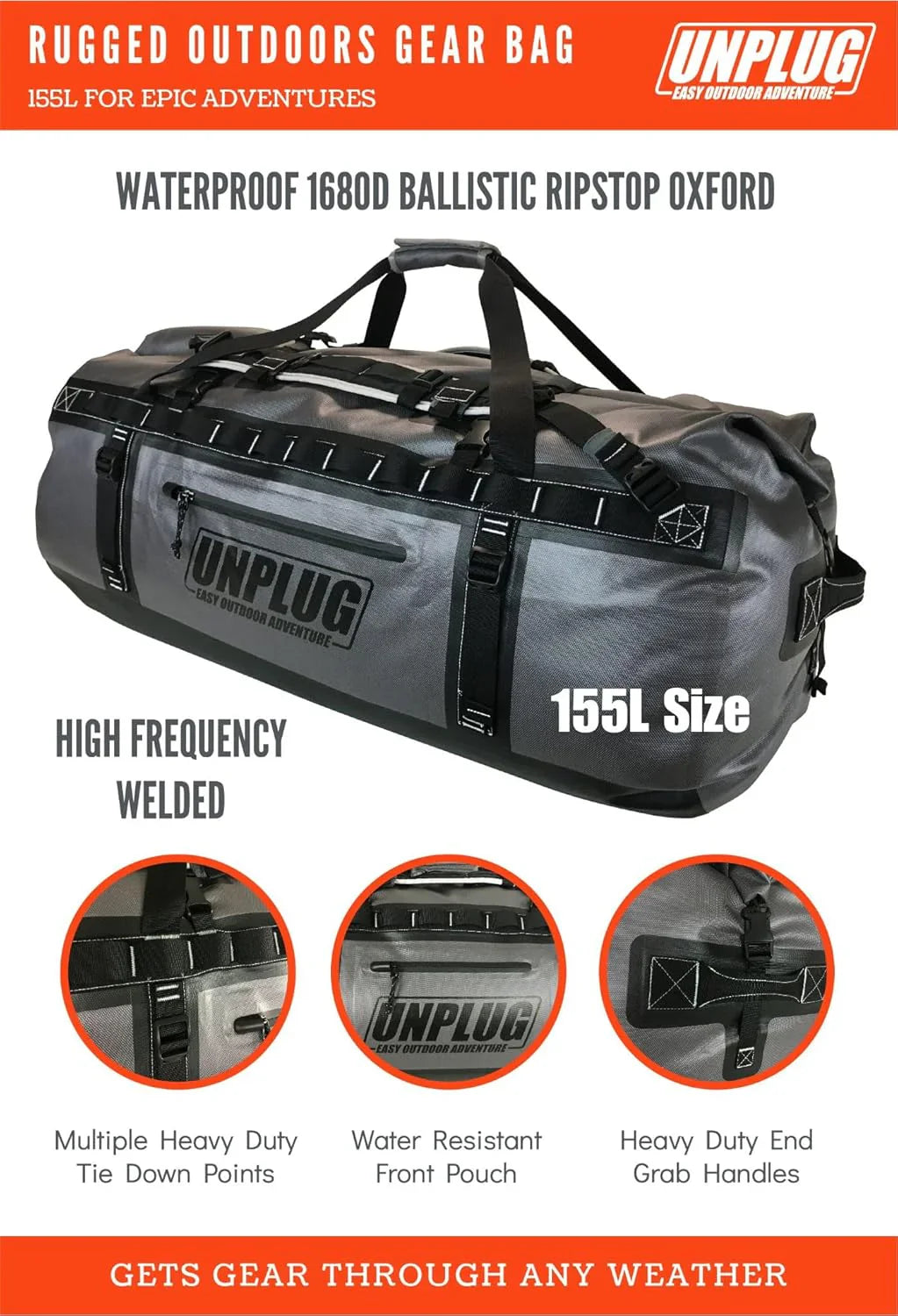 UNPLUG Ultimate Adventure Bag -1680D Heavy Duty Waterproof Travel Duffel Bags for Camping, Motorcycle Dry Bag, Waterproof Bags for Boating, Waterproof Duffle Backpack,Tactical Duffle Bag