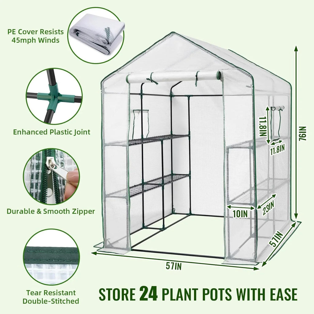 Greenhouse, 57 x 85 x 76'' Greenhouses for Outdoors, Portable Greenhouse Kit with Mesh Side Windows, PE Cover, 8 Shelves, Heavy Duty Walk in Green House for Backyard Garden Indoor Outside