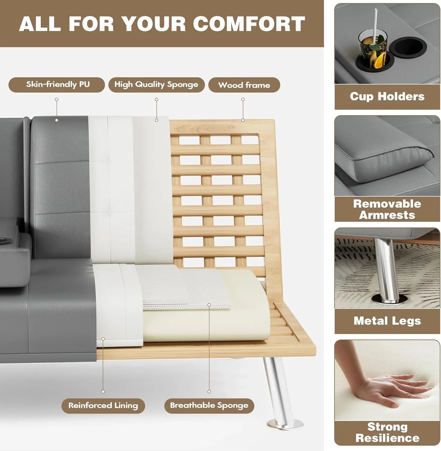 Homall Futon Sofa Bed, Leather Futon Couch with Removable Armrests, Adjustable Recliner Sleeper Sofa Bed with Dual Cup Holders for Living Room, Apartment, Office (Black)