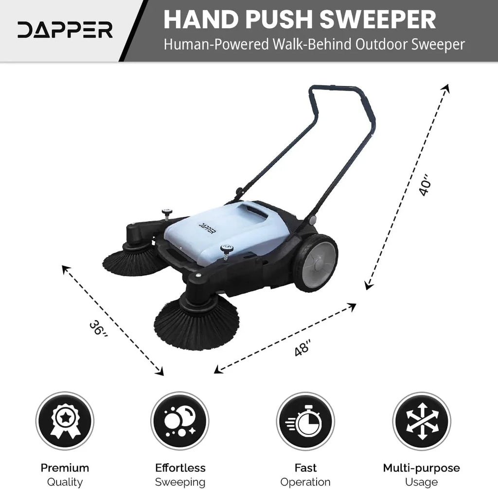Walk-Behind Outdoor Hand Push Floor Sweeper - 5.25 Gallon Capacity - 25.5" Sweeping Width - Sweeps up to 27,900 ft² / Hour, Grey