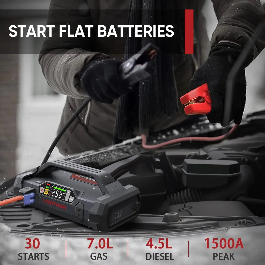 Starter with Air Compressor, 1500Amp 12V Portable Car Battery Booster Pack for Upto 7.0L Gas or 4.5L Diesel, 150 PSI Tire Inflator with Digital Screen, 24 Months Ultra-Long Standby