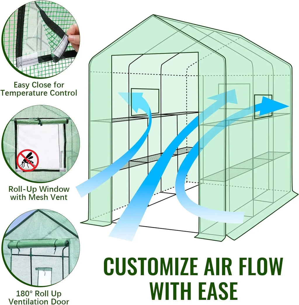 Greenhouse, 57 x 85 x 76'' Greenhouses for Outdoors, Portable Greenhouse Kit with Mesh Side Windows, PE Cover, 8 Shelves, Heavy Duty Walk in Green House for Backyard Garden Indoor Outside