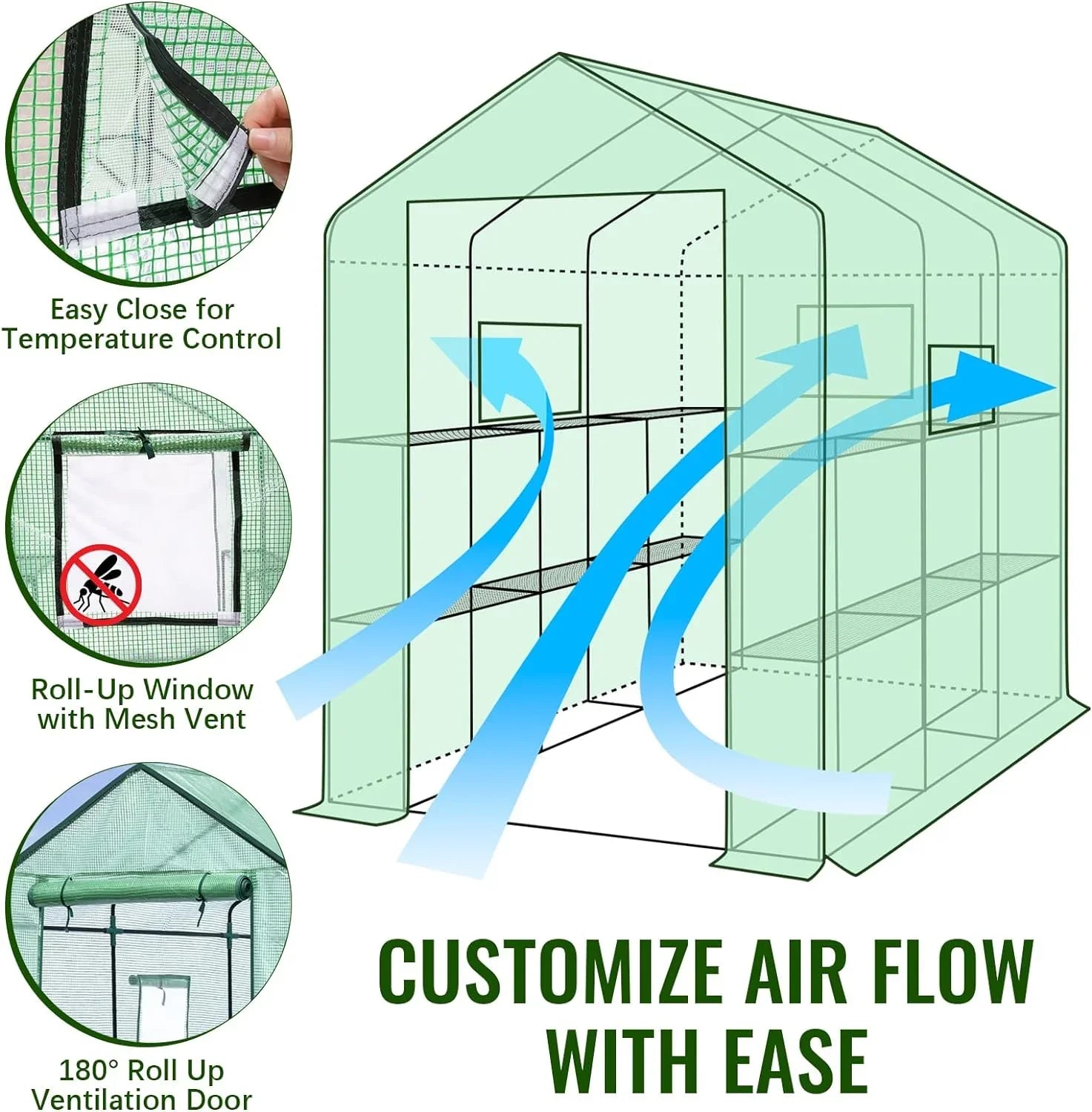 Greenhouse, 57 x 85 x 76'' Greenhouses for Outdoors, Portable Greenhouse Kit with Mesh Side Windows, PE Cover, 8 Shelves, Heavy Duty Walk in Green House for Backyard Garden Indoor Outside
