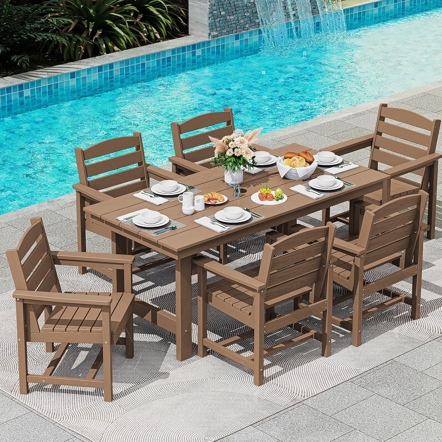 SERWALL 7-Piece Patio Table Set, Outdoor HDPE Dining Furniture with Umbrella Hole, All Weather Table and Chairs for Lawn, Garden, Poolside, Aruba
